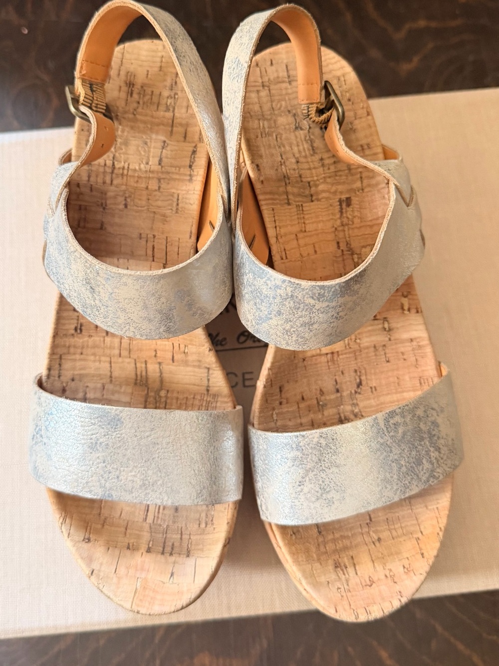 Kork-Ease Metallic Silver Cork Footbed Slingback Sandals